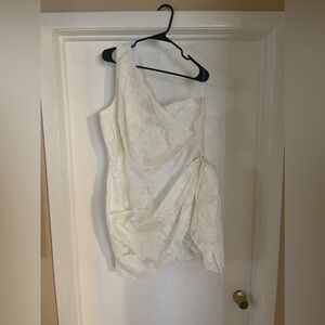 Brailey Mini Dress - One Shoulder Wrap Front Dress in White Jacquard